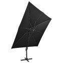 Parasol wiszący z lampkami LED i słupkiem, 300 cm, czarny