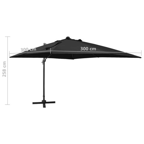 Parasol wiszący z lampkami LED i słupkiem, 300 cm, czarny