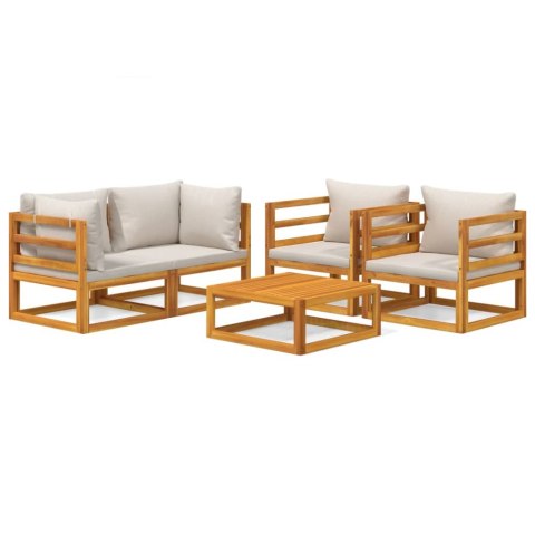 5-cz. ogrodowy zestaw wypoczynkowy, jasnoszare poduszki, drewno