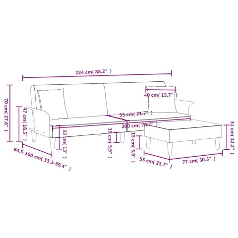 2-os. kanapa rozkładana, z poduszkami i podnóżkiem, jasnoszara