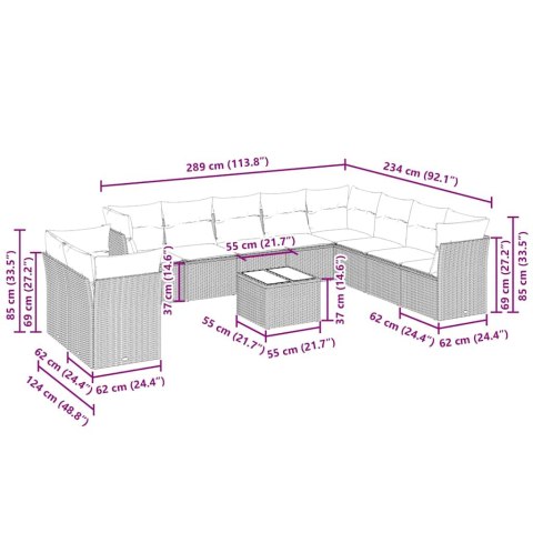 11-cz. zestaw mebli ogrodowych z poduszkami, szary rattan PE
