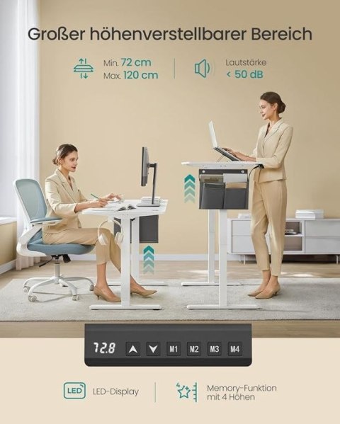 Białe biurko z elektryczną regulacją 140x60 cm, cichy silnik