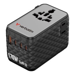 Adapter podróżny Verbatim Charge 'n' Travel GaN III globalny 170W, 2xUSB-C PD 3.1 QC 4+ 140W, 1xUSB-C PD 3.0 QC 3.0 30W, 1xUSB-A
