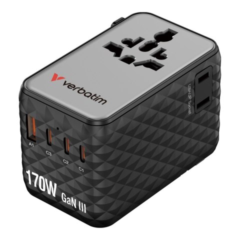 Adapter podróżny Verbatim Charge 'n' Travel GaN III globalny 170W, 2xUSB-C PD 3.1 QC 4+ 140W, 1xUSB-C PD 3.0 QC 3.0 30W, 1xUSB-A