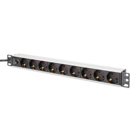 Listwa zasilająca DIGITUS PDU Rack 19" z bezpiecznikiem przeciążeniowym, 9 gniazd Schuko CEE 7/3 (45°), kabel 2m wtyk IEC C14, 1