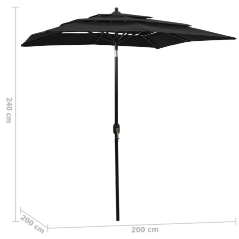 3-poziomowy parasol na aluminiowym słupku, czarny, 2x2 m