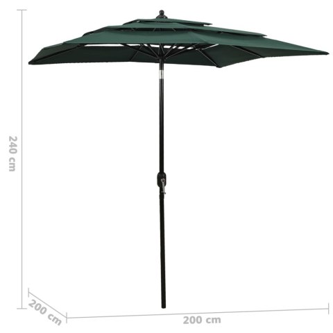 3-poziomowy parasol na aluminiowym słupku, zielony, 2x2 m