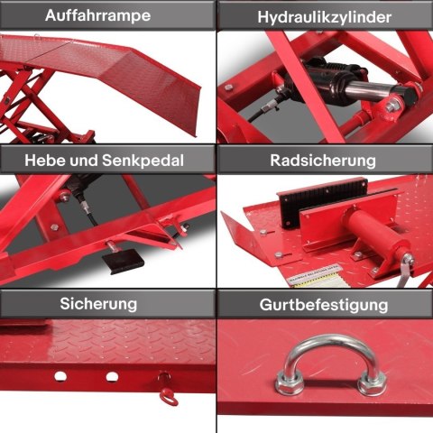 Hydrauliczny podnośnik nożycowy 360 kg do motocykli z rampą najazdową i blokadą koła