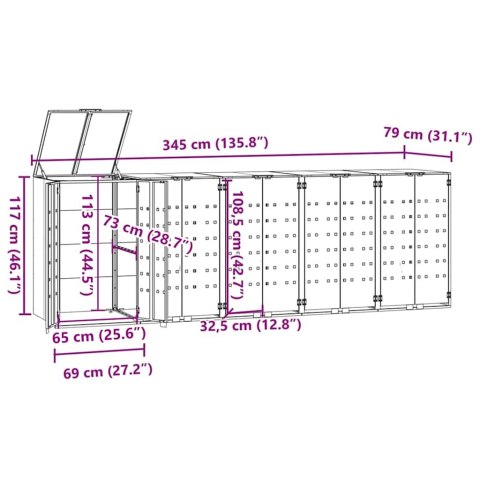 Obudowa na 5 koszy na śmieci, szara, 345x79x117 cm, stal