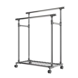 Metalowy wieszak na ubrania na kółkach, 2 drążki + półka