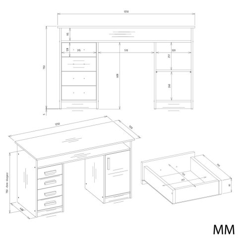 BIURKO ADA ANTRACYT DĄB ARTISAN 125 Cm 4 Szuflady Szafka Półki Do Biura Pokoju Na Laptop