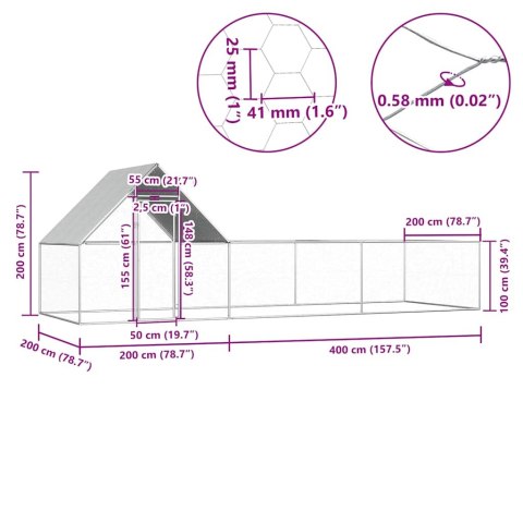 Woliera dla kur, 6 x 2 x 2 m, galwanizowana stal