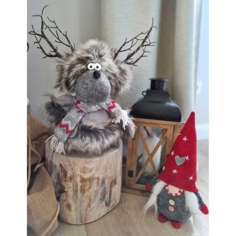 FUTRZANY RENIFER Z PODŚWIETLANYM POROŻEM SZARY 20x35x47CM