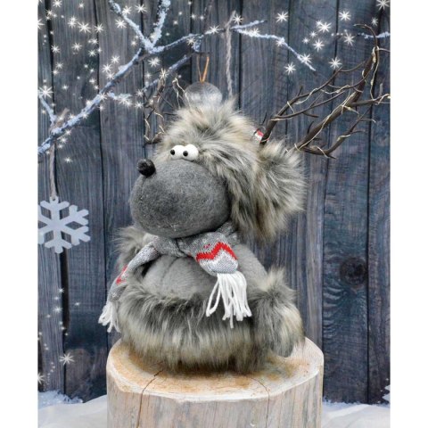 FUTRZANY RENIFER Z PODŚWIETLANYM POROŻEM SZARY 20x35x47CM