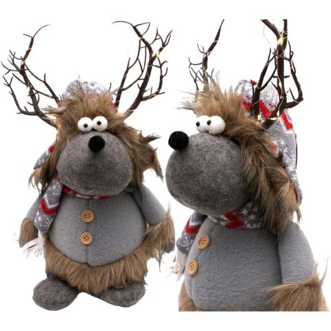 FUTRZANY RENIFER Z PODŚWIETLANYM POROŻEM SZARY 20x35x47CM