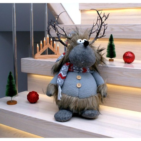 FUTRZANY RENIFER Z PODŚWIETLANYM POROŻEM SZARY 20x35x47CM