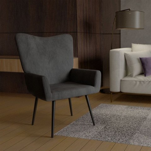 Fotel sztruksowy szary, wysoka oparcie, stalowa konstrukcja