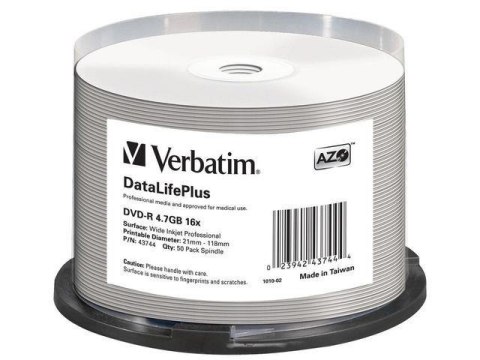 Płyty DVD-R Verbatim 4.7GB X16 AZO DL+ printable NO ID (50 Cake)