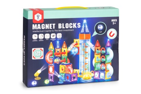 Klocki magnetyczne świecące konstrukcyjne tor kulkowy kulodrom 134 elementy