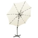 Wiszący parasol z lampkami LED i słupkiem, piaskowy, 300 cm