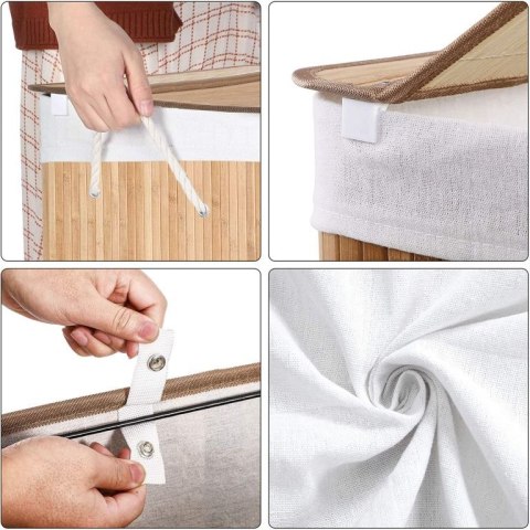 Kosz na pranie bambusowy 150l, 3 sekcje, składany z pokrywą