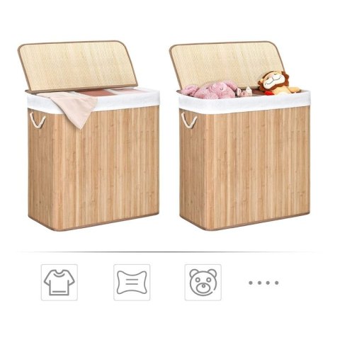 Kosz na pranie bambusowy 150l, 3 sekcje, składany z pokrywą