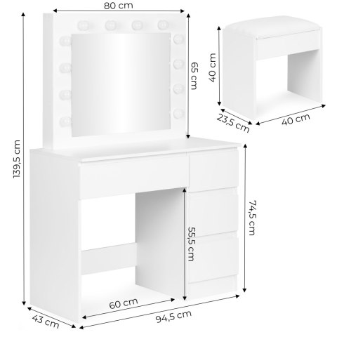 Toaletka kosmetyczna z lustrem i oświetleniem LED 4 szuflady taboret ModernHome