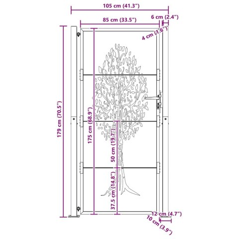 Furtka ogrodowa, 105x180 cm, stal kortenowska, motyw drzewa