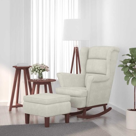 Fotel bujany z uszak, kremowy aksamit i lite drewno