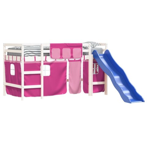 Dziecięce łóżko na antresoli, różowe zasłonki, 80x200 cm