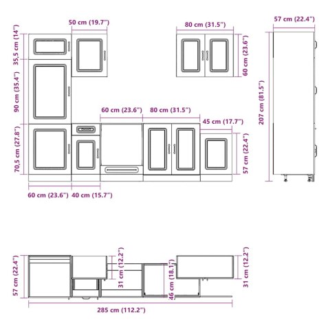 Zestaw szafek kuchennych, Kalmar, 7-częściowy, przydymiony dąb