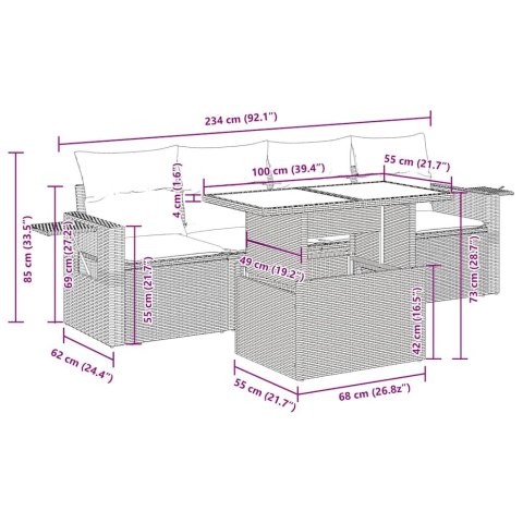 5-cz. zestaw mebli z poduszkami, czarny, polirattan i akacja