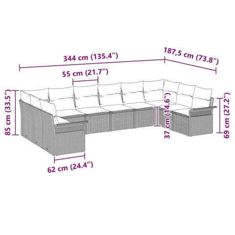 Zestaw Sof na Ogród z poduszką 10 pcs Brązowy polirattan