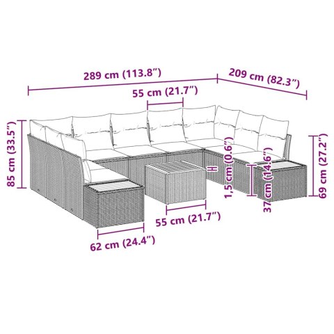 Zestaw Sof na Ogród z poduszką 10 pcs Szary Polirattan