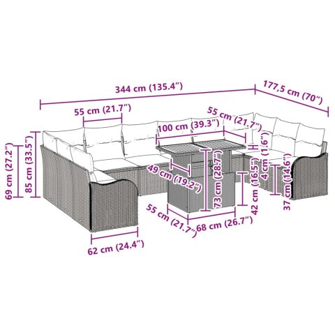 Zestaw Sof na Ogród z poduszką 11 pcs Czarny i kremowy