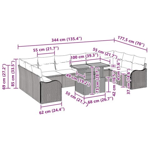 Zestaw Sof na Ogród z poduszką 11 pcs Czarny i kremowy