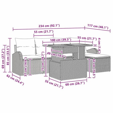 Zestaw Sof na Ogród z poduszką 6 pcs beżowo-kremowy