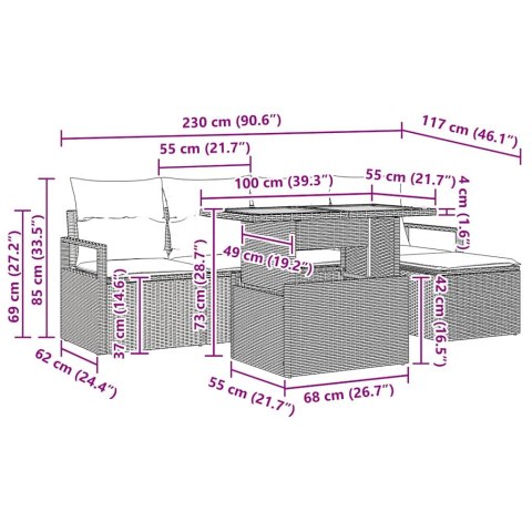 Zestaw do jadalni w ogrodzie z poduszką 6 pcs Czarny i kremowy
