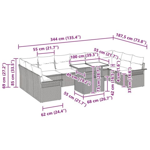 Zestaw Sof na Ogród z poduszką 11 pcs Czarny Rattan poli