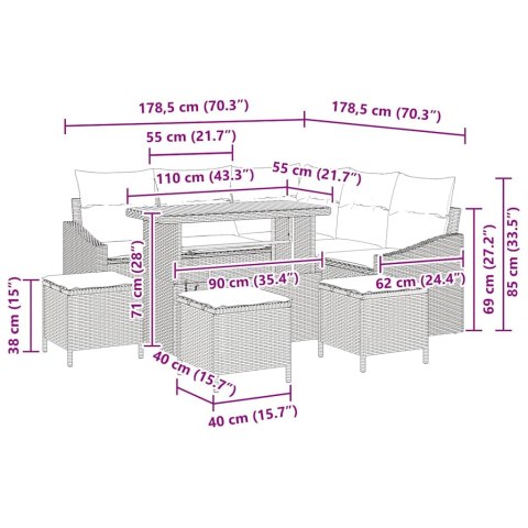 Zestaw Sof na Ogród z poduszką 9 pcs Beżowy i kremowy