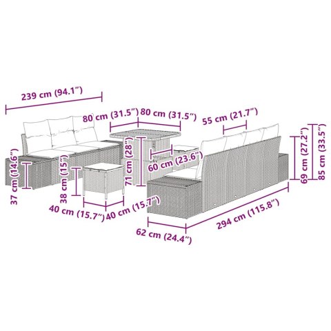 Zestaw Sof na Ogród z poduszką 10 pcs Szary Polirattan