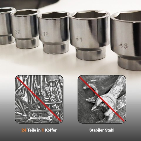 Zestaw kluczy nasadowych, nakrętek, grzechotek do samochodów ciężarowych, 19-70 mm, 25 elementów, BITUXX