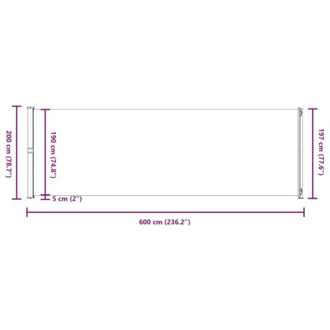 Zwijana markiza boczna na taras, 200x600 cm, szara
