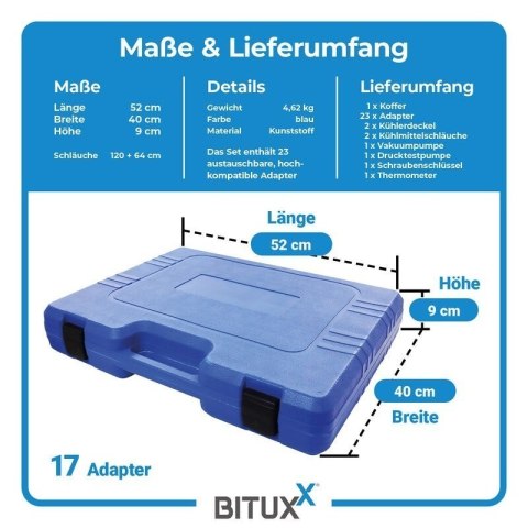 Bituxx 34‑częściowy tester układu chłodzenia - ciśnieniowy test szczelności i napełnianie chłodnicy