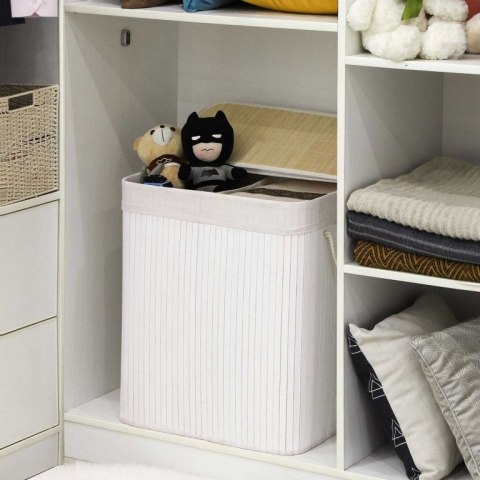 Kosz na pranie bambusowy 100 l, 2 komory, biały, z pokrywą