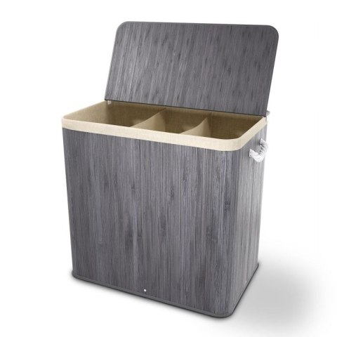 Kosz na pranie bambusowy 150l, 3 komory, szary, z pokrywą