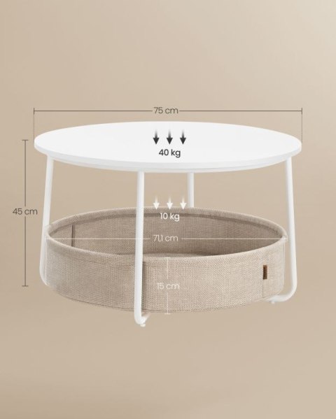 Stolik kawowy okrągły z białym blatem i koszem 75 cm