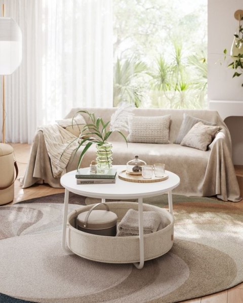 Stolik kawowy okrągły z białym blatem i koszem 75 cm