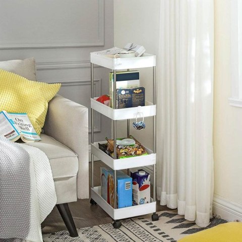 Wąski biały regał na kółkach 4 półki 6 haczyków 40x22x86 cm