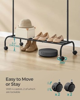 Wieszak na ubrania czarny metalowy z półką i kółkami